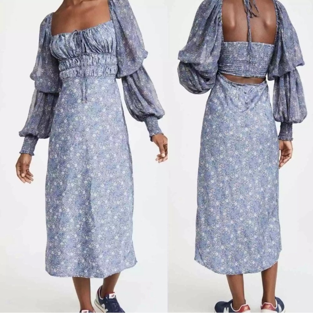 Free People Blue Aglow Midi Dress XS NWOT Puff Sleeves cottagecore Boho